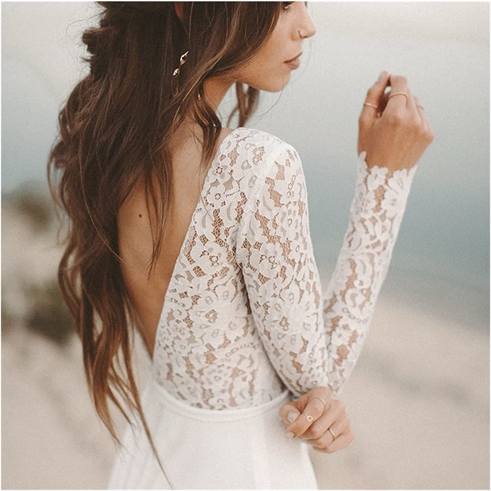 Women's Long V-Neck Chiffon Wedding Long Sleeve Lace